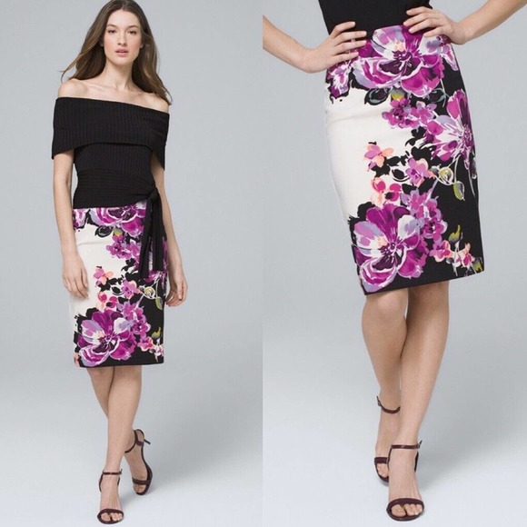 White House Black Market Dresses & Skirts - WHBM Size 12 Skirt Pencil Back Zip Slit Purple Floral Stretch Lined Below Knee